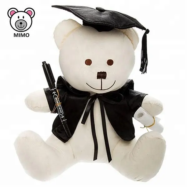 Hadiah Suvenir 100% Katun Organik Putih Wisuda Mainan Beruang Teddy dengan Gaun dan Topi Tanda Tangan Grosir Beruang Mewah