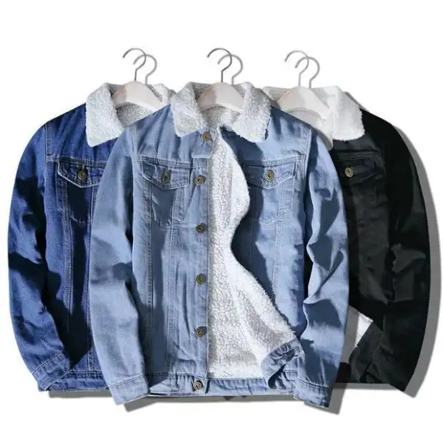 Изготовленные на заказ светло-голубые 100% хлопковые джинсовые потертые флисовые зимние джинсовые куртки для мужчин оптовая продажа