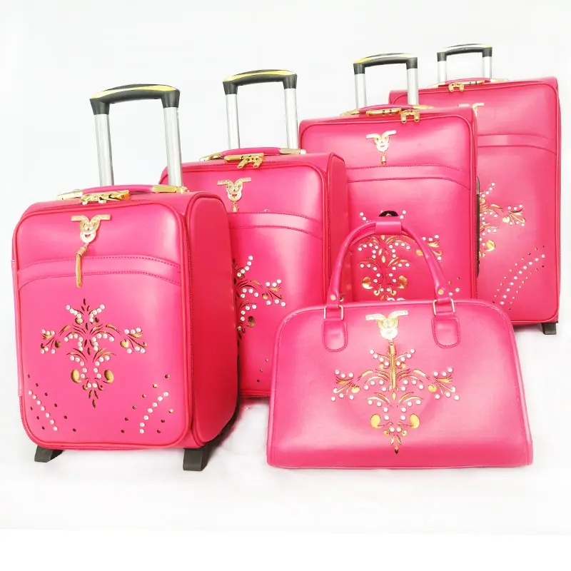 dark pink color 4 wheels 20 24 28 32 trolley luggage set 5 pieces pu leather trolley case