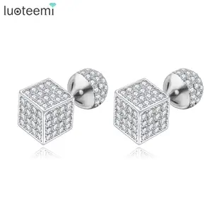 LUOTEEMI Hợp Thời Trang Đồng Thau Trang Sức Lấp Lánh Cubic Zirconia Bóng Và Cube Hạt Đúp Side Stud Earrings