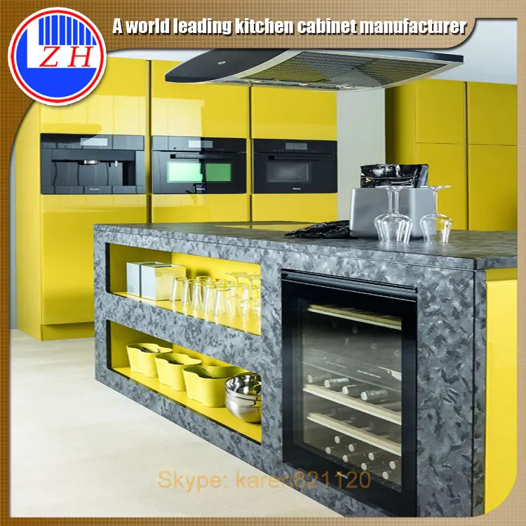 Bright yellow high gloss magic corner kitchen cabinet