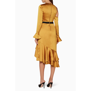 Lady <span class=keywords><strong>vestito</strong></span> di un-spalla tromba <span class=keywords><strong>maniche</strong></span> asimmetrico del bordo delle donne del <span class=keywords><strong>vestito</strong></span> casuale abbigliamento <span class=keywords><strong>giallo</strong></span> - Product Image 3