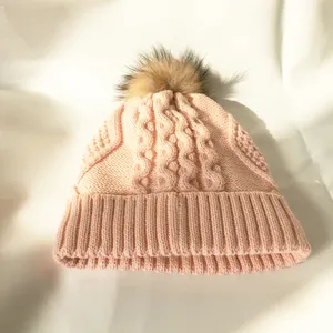 custom winter pink kids girl fleece ribbed knitted beanie hats with top ball pom poms