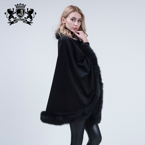 Popular Cashmere Cape Real fox Fur <strong>Women</strong> Poncho Fur Trim <strong>Cloak</strong> - Product Image 4