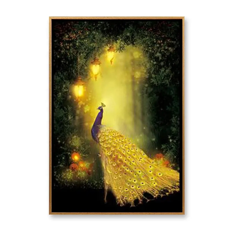 นกยูงสีทองตกแต่งผนังรูปภาพสว่างบนผ้าใบศิลปะพิมพ์ภาพวาดที่มีไฟ LED