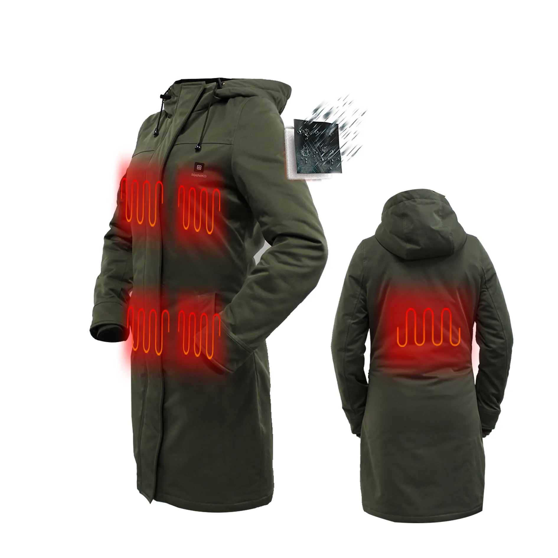 Female Cordless Battery Powered Long Rechargeable Heating Padded Coat Jacket