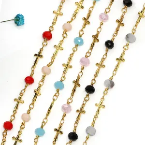 Gold Plated Cross Wrapped Crystal Glass and Seubeutzy Rondelle Beaded Rosary Chain 4*6mm