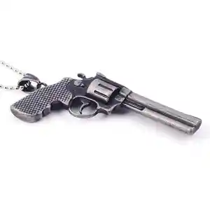 Hand Gun Pistol Revolver Pendant Necklace Antique Silver Finish Metal Charm Chain