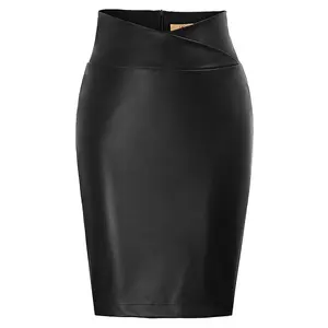 Grace Karin Wrap Waist Back Split Hips-Wrapped Tight Faux Leather Pencil Women Skirt