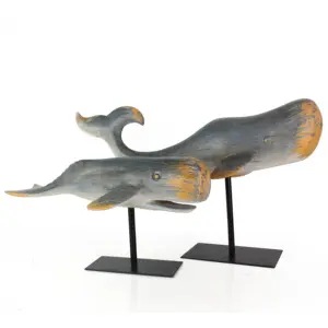 Artificial Resin Imitation Wooden Whale Sculpture with Metal Base Creative Gift