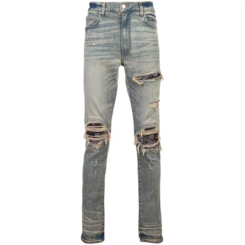 OEM/ODM Đàn Hồi Râu Ripped Jeans Men Denim Quần Quần Nam Skinny Lỗ Jeans Ripped Màu Phai Skinny Jeans