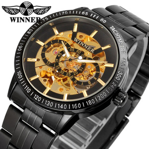 Montre automatique avec squelette en acier inoxydable pour hommes, vente en gros, s-winner, prix bas, automatique, noir et or - Product Image 3
