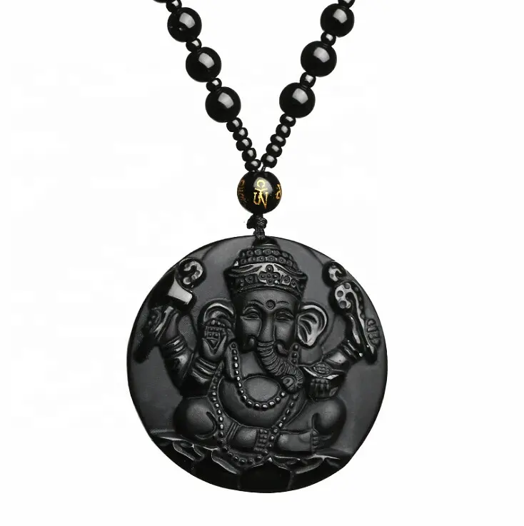 Colar obsidiano com pingente de elefante, na índia, genisha, deus, buda, para mulheres e homens