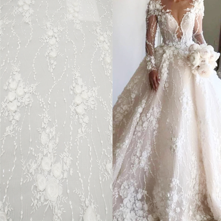 High quality white wedding lace fabric bridal lace fabric 3d flower lace fabric