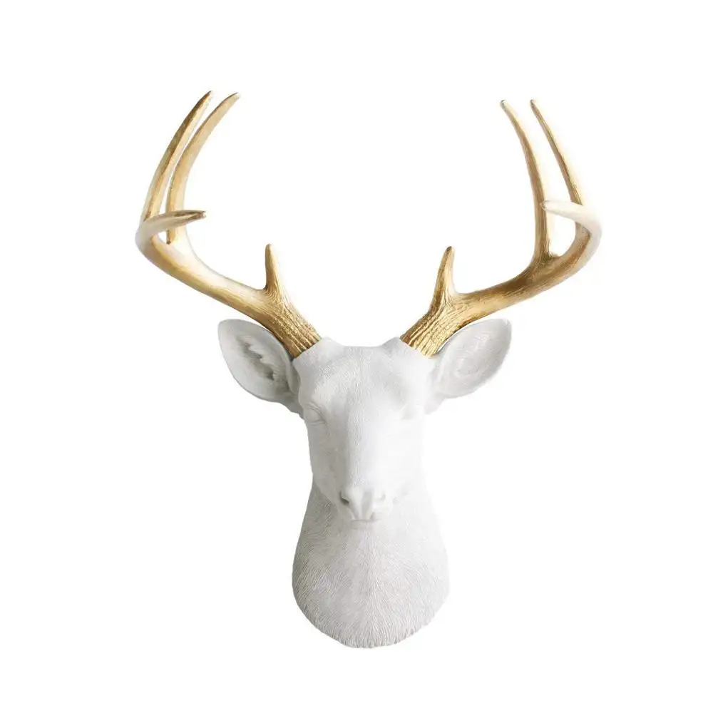 polyresin Deer Head Large White + Gold Antler Faux Deer Head - 21" White Faux Taxidermy Animal Head Wall Decor