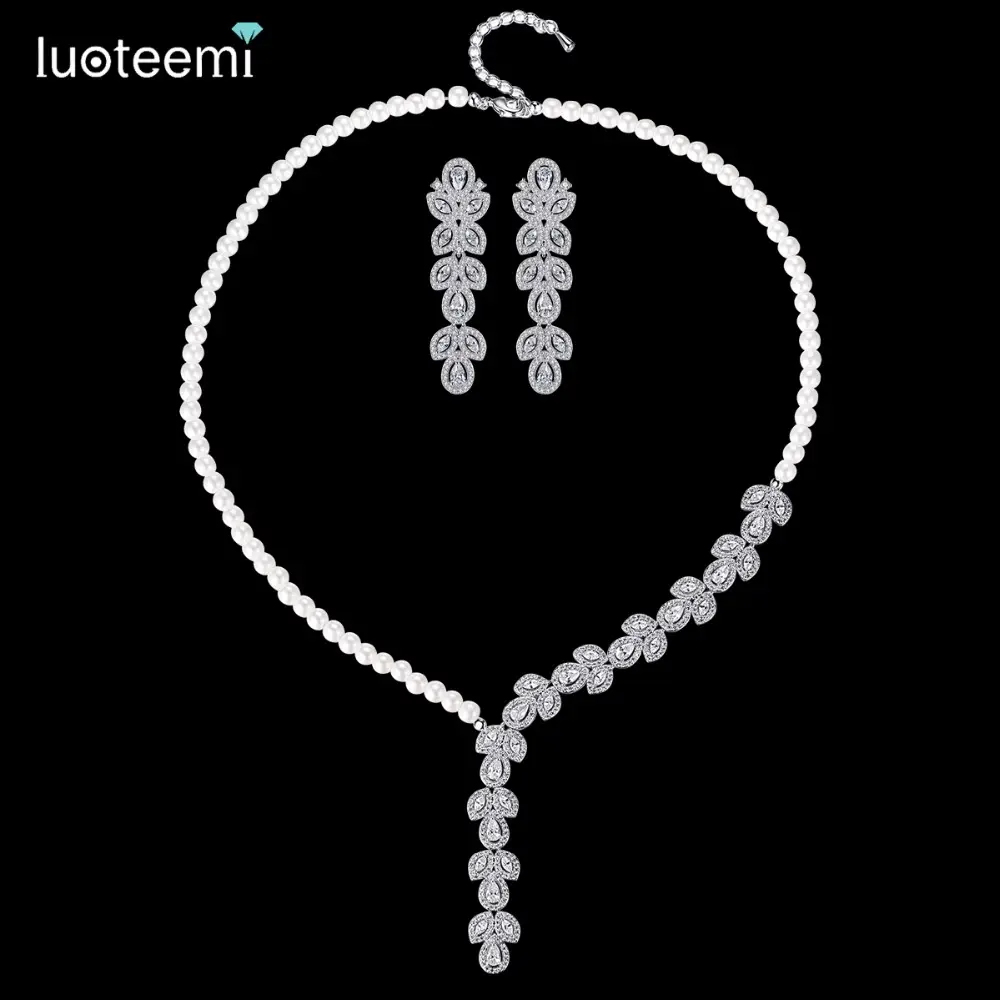 LUOTEEMI Phi Trang Sức Set Cho Cô Dâu Giả Ngọc Trai Đính Cườm Tuyên Bố Giọt Nước Choker Necklace Earrings Đặt Trang Sức Cưới