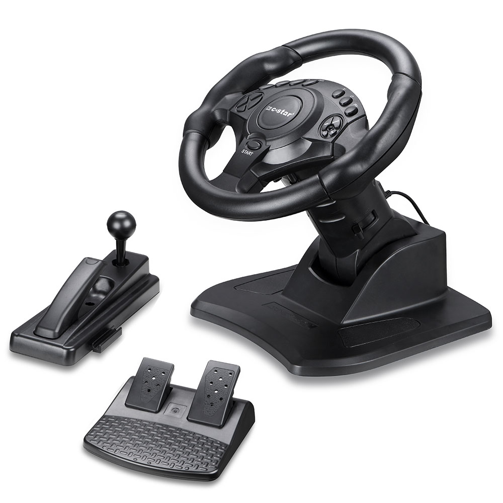 C-Star Wired Racing Steering Wheel | Adjustable Sensitivity, 7-in-1 Multi-Platform Compatible with PC/PS3/PS4/Xbox One/Switch, Vibration Feedback – Qatar