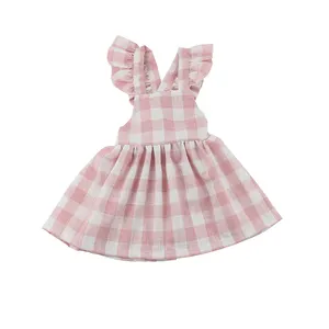 Wholesale ruffle backless pink plaid frock summer party short sleeve pinafore girls dress