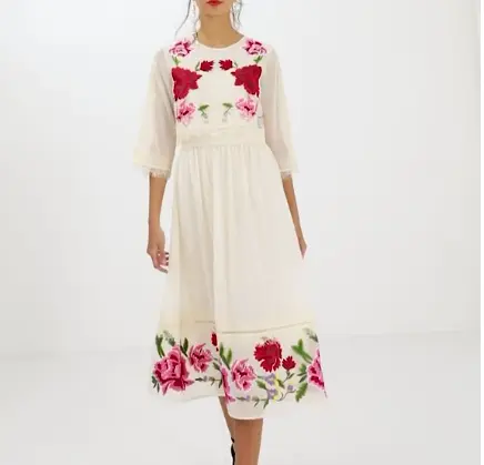 double layer midi embroidered chiffon dress with long sleeves