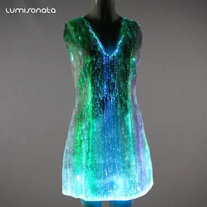 Vestido de baile para dança, com luzes led, vestido de fibra óptica