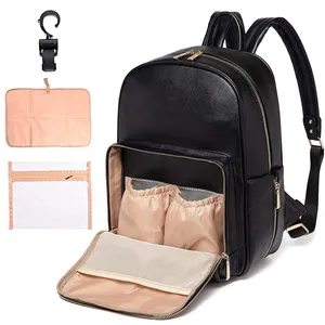 Nova Chegada PU Leather Tote Bag Bebê Fralda Organizador com Mudança Mat Logo Padrão para Produtos Do Bebê Mochila Saco De Fraldas