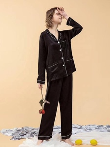 Wholesale Long Sleeve Pajamas Set <strong>Silk</strong> Sateen <strong>Black</strong> Piping PJ Set Custom Logo Accept Satin <strong>Pyjama</strong> Set - Product Image 5