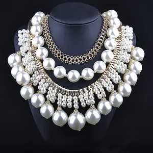 Großhandel Mode Multilayer Big Pearl Statement Halskette Quaste, Luxus Imitation Pearl Anhänger Halskette