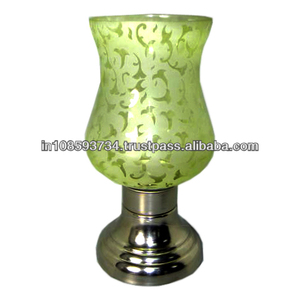 เชิงเทียนโลหะแก้วปล่องไฟตกแต่งงานแต่งงานฐานชุบนิกเกิลตกแต่งงานปาร์ตี้เชิงเทียนแก้วสีเขียวแฮนด์เมด - Product Image 2