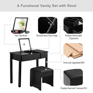 Meubles <span class=keywords><strong>de</strong></span> <span class=keywords><strong>Chambre</strong></span> noire <span class=keywords><strong>Commode</strong></span> Coiffeuse Coiffeuse <span class=keywords><strong>De</strong></span> Maquillage avec Flip Top Miroir 2 Tiroirs et 3 Organiseurs Amovibles - Product Image 2
