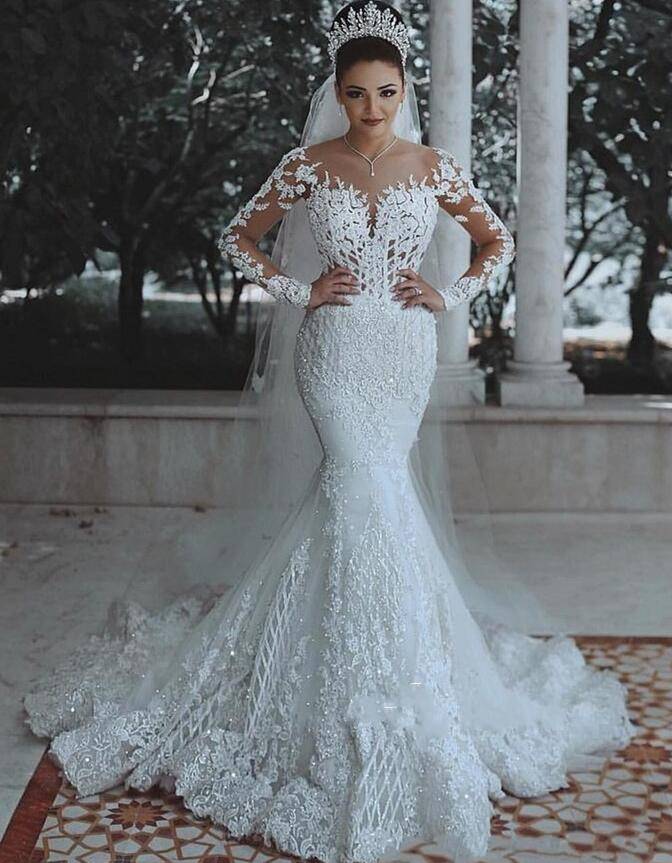 ZH0923G 2022 Scoop Arabic Mermaid Wedding Dress Long Sleeves Applique Beaded Middle East Bridal Wedding Gowns Bride Dresses