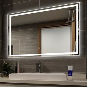 Espejos de baño de hotel Marco de aluminio iluminado Baño Montado en la pared Espejo Led inteligente con interruptor de pantalla táctil