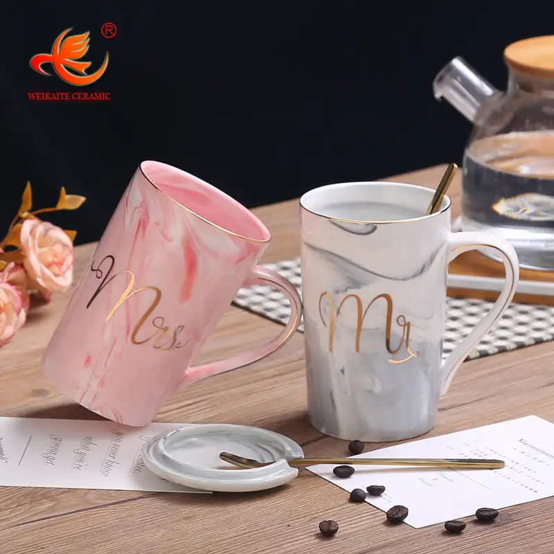 M025 Custom printed wedding porcelain calacata grey pink marble mr and mrs ceramic coffee giftbox set mug cup with lid and spoon