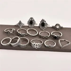 Wedding Anniversary Gift 15 Pcs/set Bohemian Retro Crystal Flower Leaves Hollow Lotus Gem Silver Ring Set Women