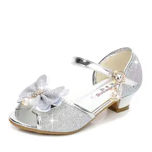 Factory wholesale kids bow shoes children girls casual high heels crystal shoes good price