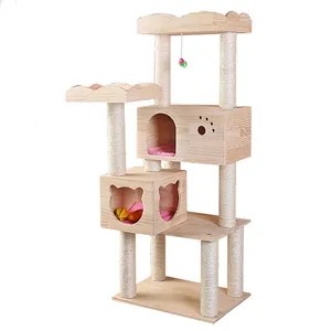 Multi-level Luxury China Small Natural Wooden Cat Condo Tree House Furniture / Cat Toy Tower Tree Designs For Big cat