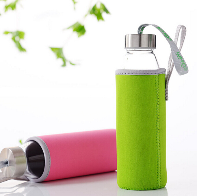 KC-08623 Glass Water Bottles 16 oz, Stainless Steel lid glass water bottle borosilicate