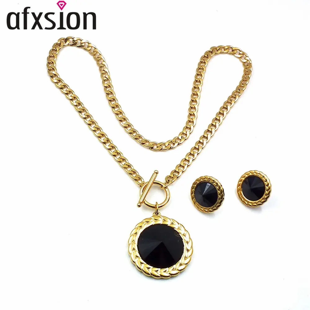 Afxsion Mode Charme Frauen Schmuck Edelstahl 6mm Halskette Ohrringe Farbe Kristall Anhänger Set