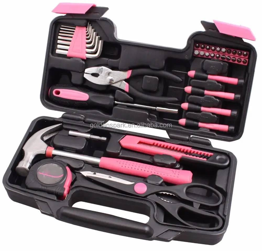 39 PC Portable Ladies Household Easy-Grip Pink Tool Kit With Plastic Toolbox Storage Case