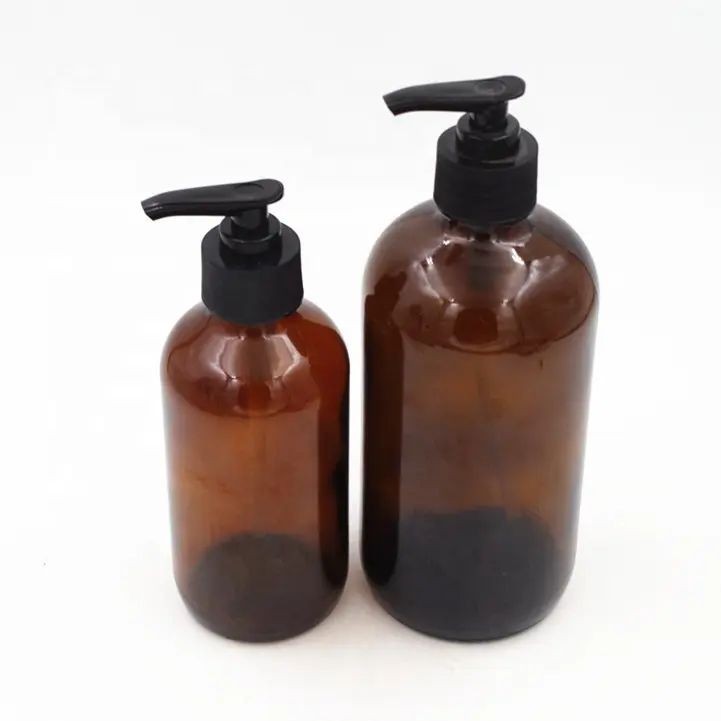 Amber Ronde Boston Zeepdispenser Glazen Fles Goedkope 8Oz 16Oz Shampoo Bad Douche Body Lotion Glazen Fles met Pomp