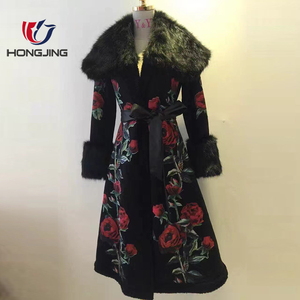 Donne di usura stampato floreale <span class=keywords><strong>giacca</strong></span> di pelliccia delle donne risvolto frontale chiusura <span class=keywords><strong>a</strong></span> cerniera raso legame della vita <span class=keywords><strong>a</strong></span> maniche lunghe foderato orlo dritto giacche - Product Image 1