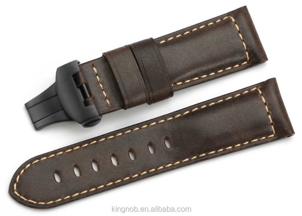 24mm Déploiement Fermoir Brun Foncé Rétro Cuir Véritable Bracelet De Montre