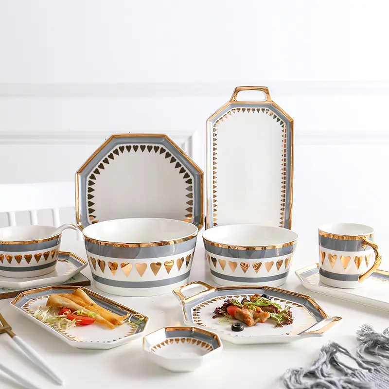 Luxe Modern Design Eenvoudige Witte En Gouden Keramische Diner Plaat Set Jogo De Jantar Voor Verkoop