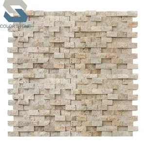 Sawn corte de bege 3d mosaico travertine, telha para decoração de banheiro e parede exterior