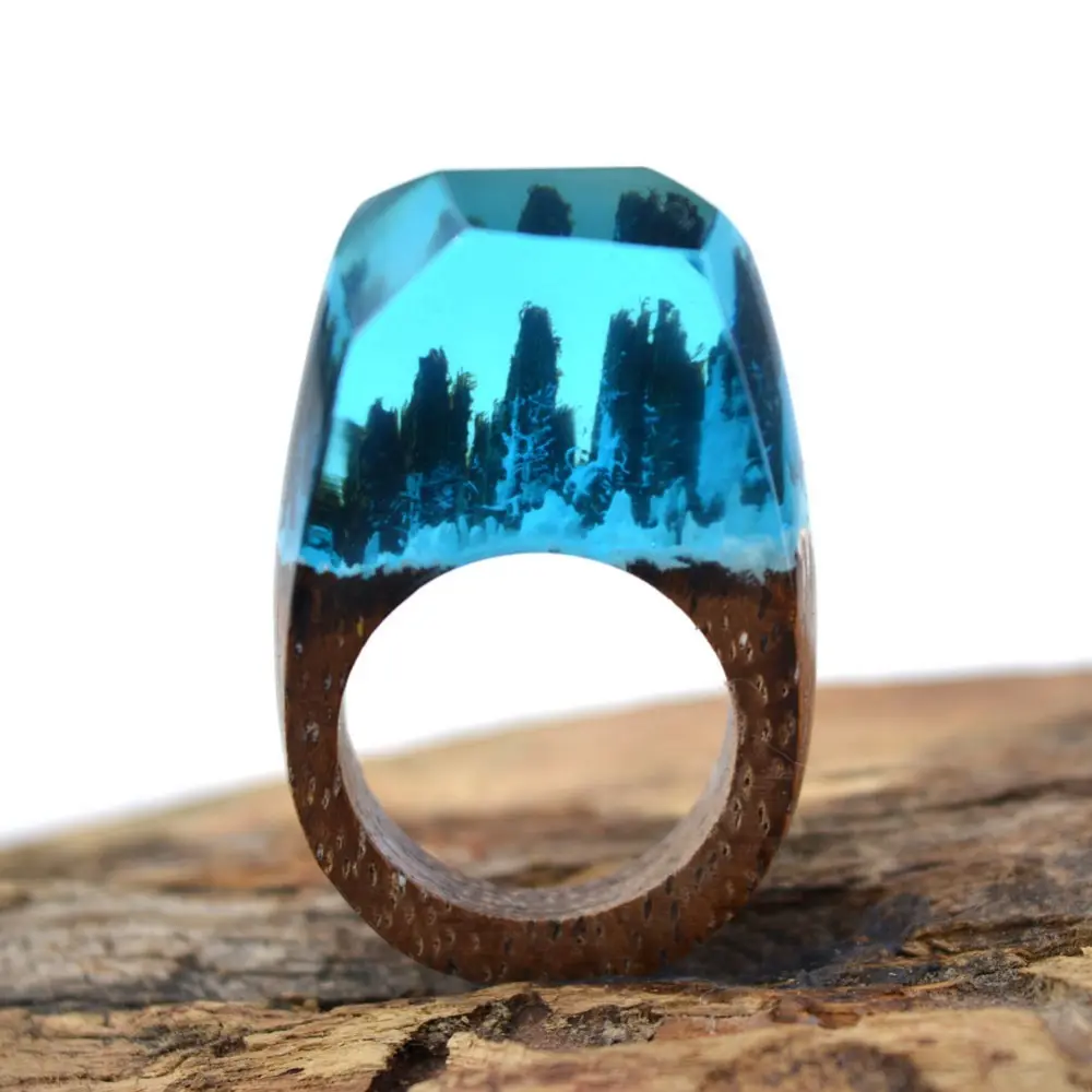 Handmade Wooden Resin Ring with Magnificent Tiny Fantasy Snow Falling Secret Landscape Jewelry Wholesale