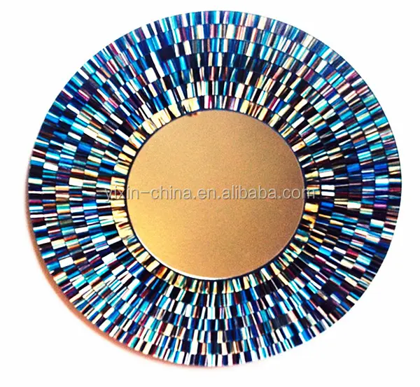 Round Luxurious MDF Mosaic Bathroom Radiation Fantasy Blue Glass Wall Mirror