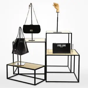 Customized metal and wood fixtures retail portable handbags display stand tables for shop