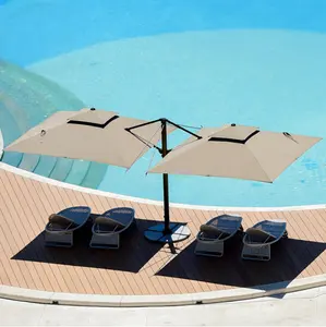 Hôtel de haute qualité en gros impression personnalisée grand résistant au vent uv extérieur frange plage deux tête parapluie patio jardin parasol