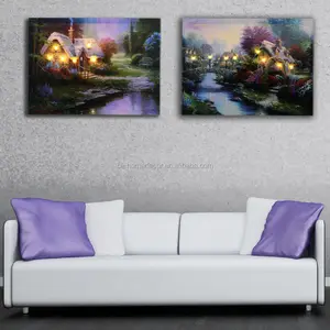 Verlichte muur pictures dorp landschap met cottage rivier olieverfschilderij framed met led-verlichting kunstwerk afdrukken decor