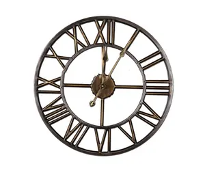 Large Size Vintage Style Roman Numbers With Brass Color Antique Metal Wall Clock