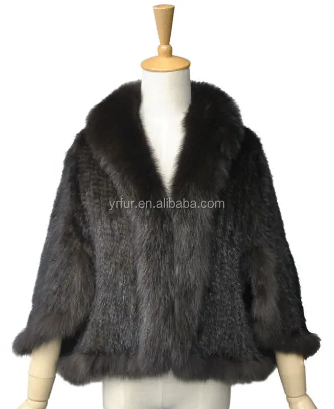 YR332 Many colors Classic Ladies Mink Knitted with Fox Fur Poncho